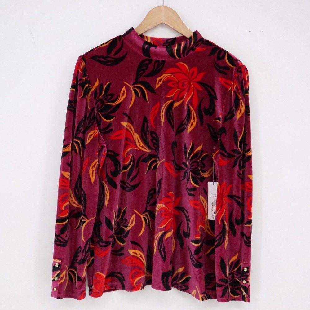 Liz Claiborne Top Womens PXL Golden Moments Magenta Floral Velvet Mock Neck NEW